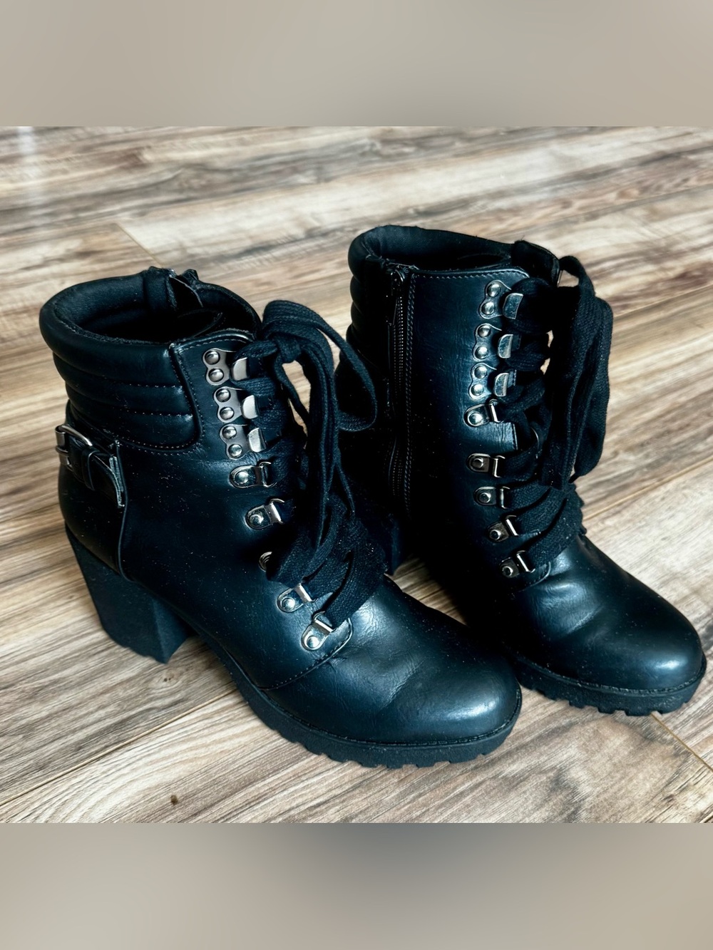 MIA Black Lace-Up Chunky Heel Ankle Boots